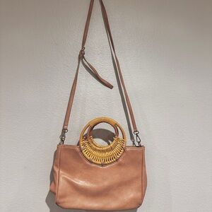 Mauve Vegan Leather Handbag with Rattan Handle Accents Crossbody Anthropologie